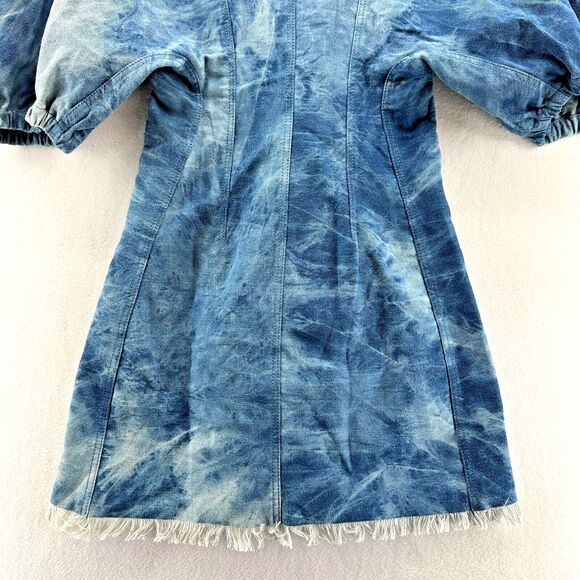 Divine Heritage Denim Tie Dye Dress Size XS Mini Fringe Hem Puff Sleeve Western - Picture 11 of 13